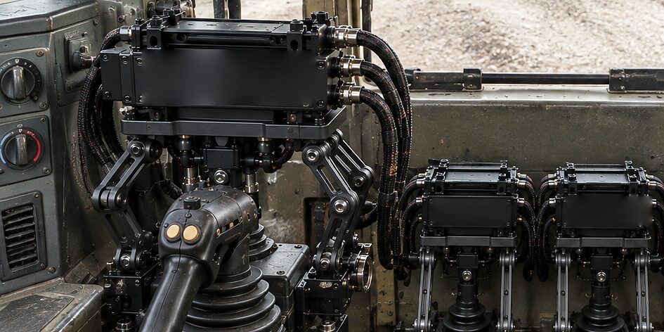 A CDNS Autonomy module on its mount in a plant cab, braided lines leaving it and articulated arms coupled down to the machine's own joystick.