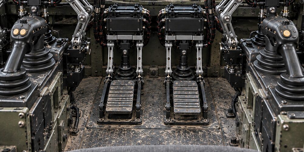 Two CDNS Autonomy pedal actuators standing on a vehicle's own pedals below the dash, their modules above them and their arms between, with the joystick consoles either side.