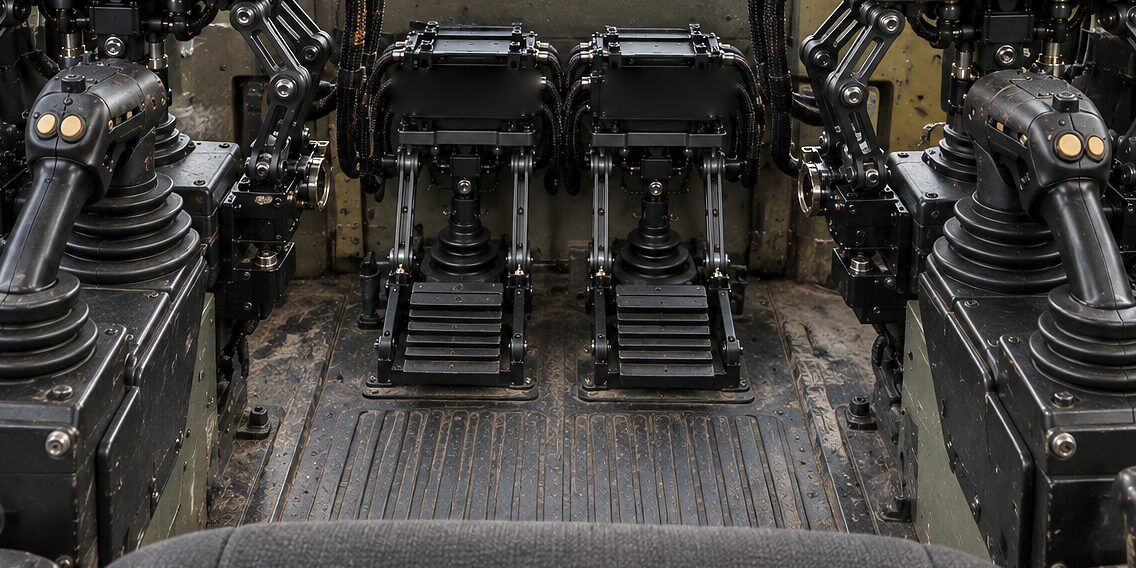 In an excavator cab, the CDNS Autonomy unit on all four of the machine's own controls: a joystick actuator on each console and a pedal actuator on each pedal, the two smaller modules standing over the pedals between them.