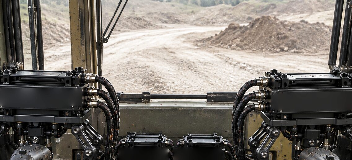 Through an excavator's windscreen, a haul road climbing between cut banks of earth, with the tops of the CDNS Autonomy unit's two modules and their braided lines below the glass.