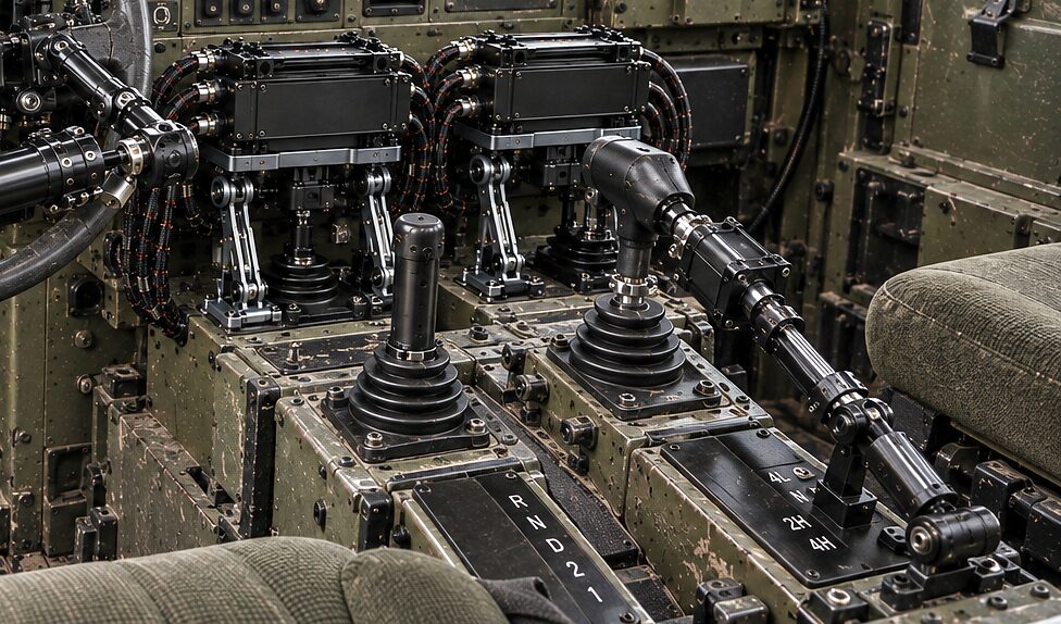 Actuators standing on a wheeled vehicle's gear selector and transfer lever, the vehicle's own shift gates left exactly as fitted.