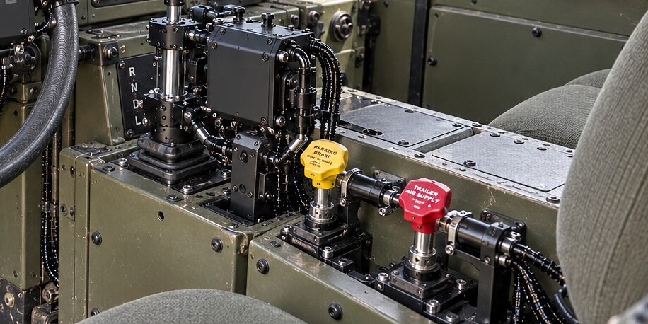 A heavy truck's yellow and red push-pull air-brake knobs and its selector, each worked by its own actuator, the cab's own panel left as it was.