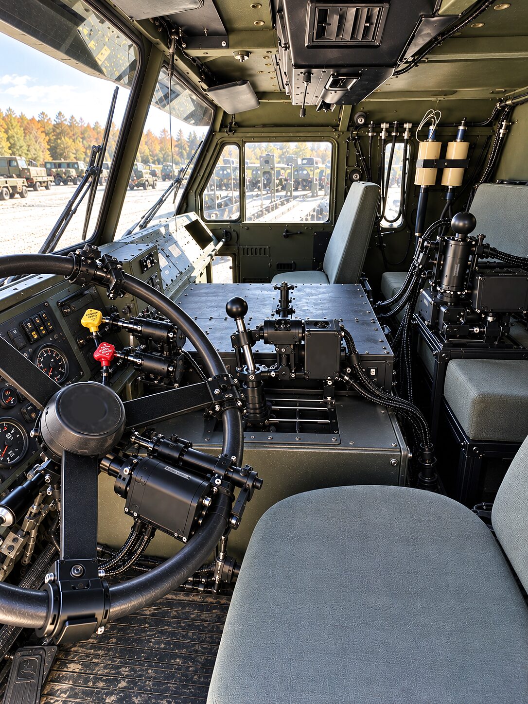 The CDNS Autonomy unit on the steering wheel and levers of a military truck cab, the cab's own stop and switches within reach beside it.