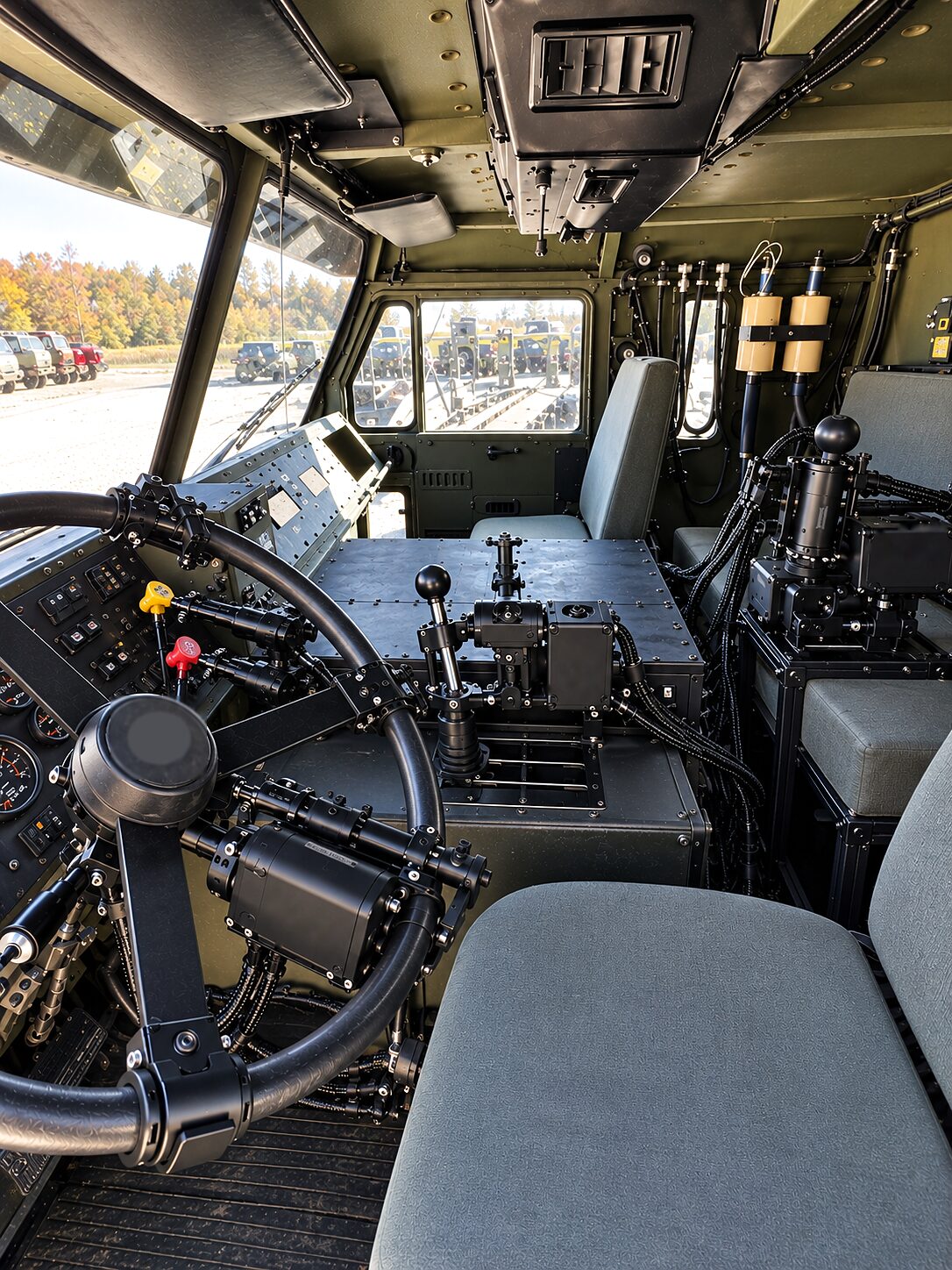 The CDNS Autonomy unit fitted in a military truck cab, its modules on the steering wheel and on the levers at the transmission tunnel.