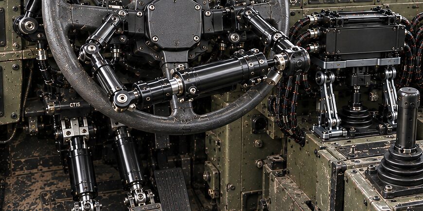 The CDNS Autonomy hub module on a tactical vehicle's steering wheel, its arms out to the rim, the pedal actuators below it and one of the unit's dash modules beside it.