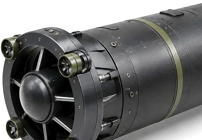 The bow-thruster ring at the nose of CS-120: small ducted fans set around its rim, radial vanes and a domed centre inside it, ahead of the moulded body.