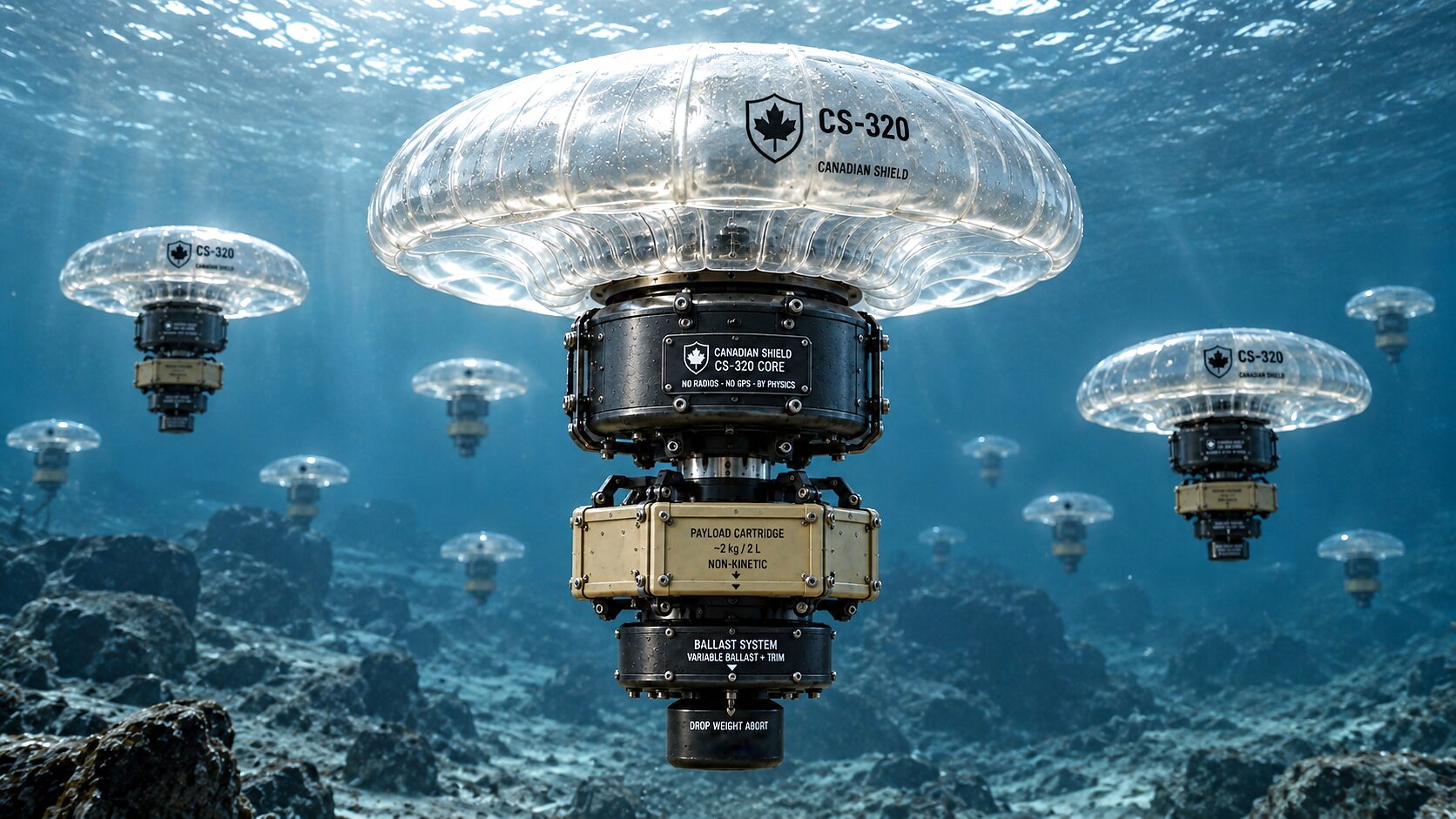 A CS-320 close in over a rocky seabed: the ribbed translucent bell above the core module, the payload cartridge in its cradle, the ballast section and the drop weight, with more of them holding station behind.