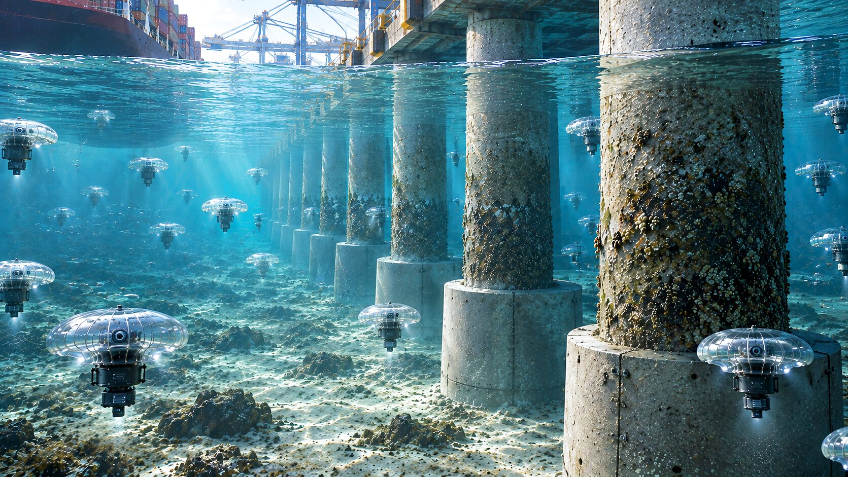Under a pier, looking down a colonnade of concrete piles crusted with growth: CS-320s at every depth among the columns, two close in over a sandy, weed-strewn seabed, with the hull of a container ship and the quay cranes above the surface at the upper left.