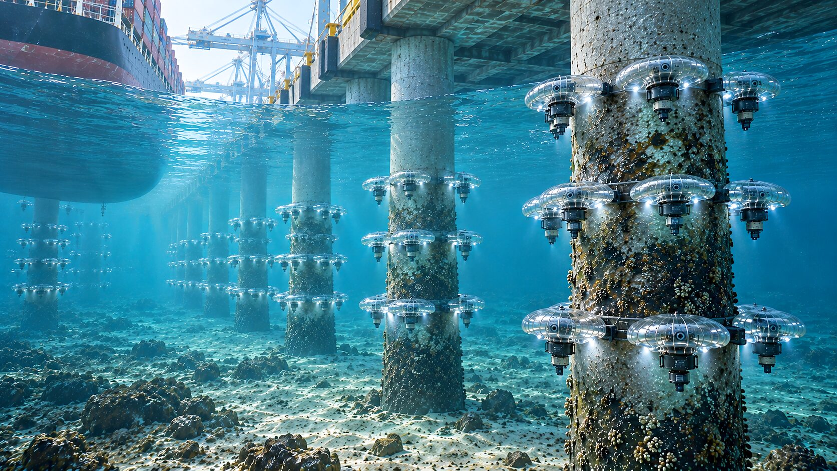 CS-320s ringed around a piled column under a pier, with the pile line running away behind them.