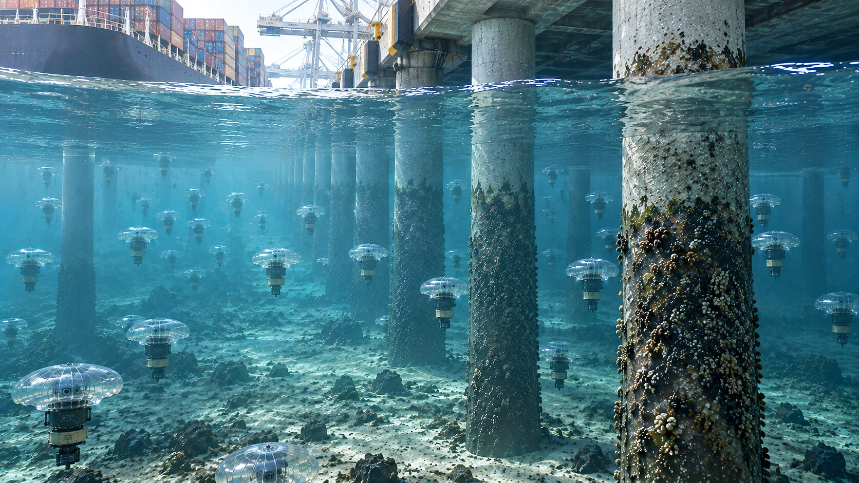 Under a pier: a field of piled columns running into the distance with CS-320s among them, and one close in the foreground.