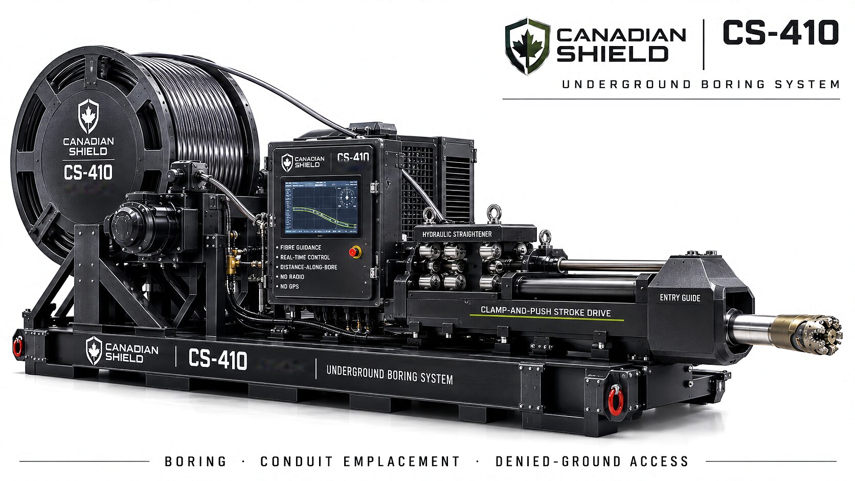 The CS-410 on a clear ground, nose to tail: the wound coiled-tubing reel, the console and power pack, the straightener and stroke drive, and the entry guide with the head.