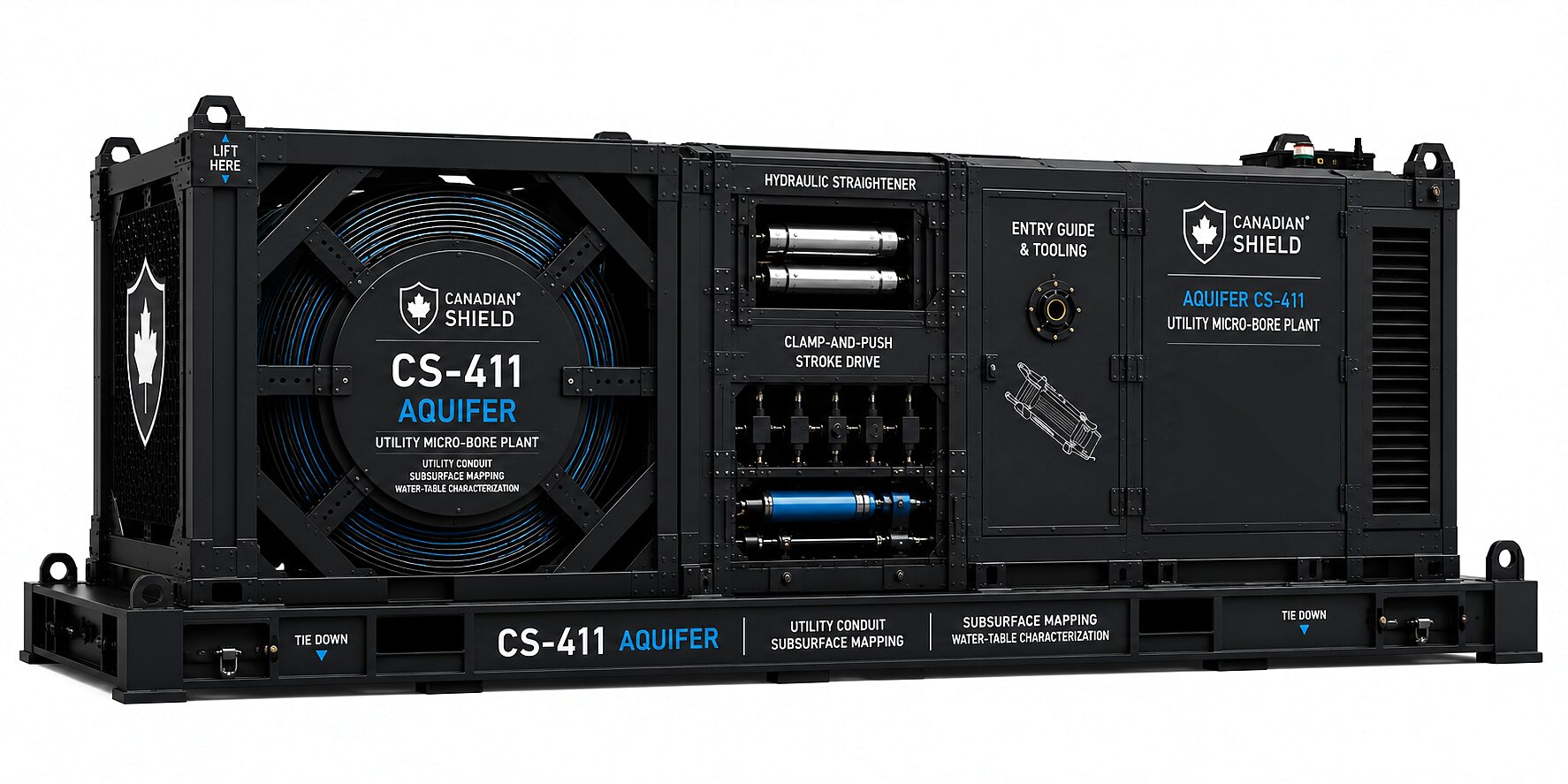 The CS-411 plant whole on a clear ground: the caged coil reel, the hydraulic straightener and stroke-drive bay, and the entry guide and tooling station.