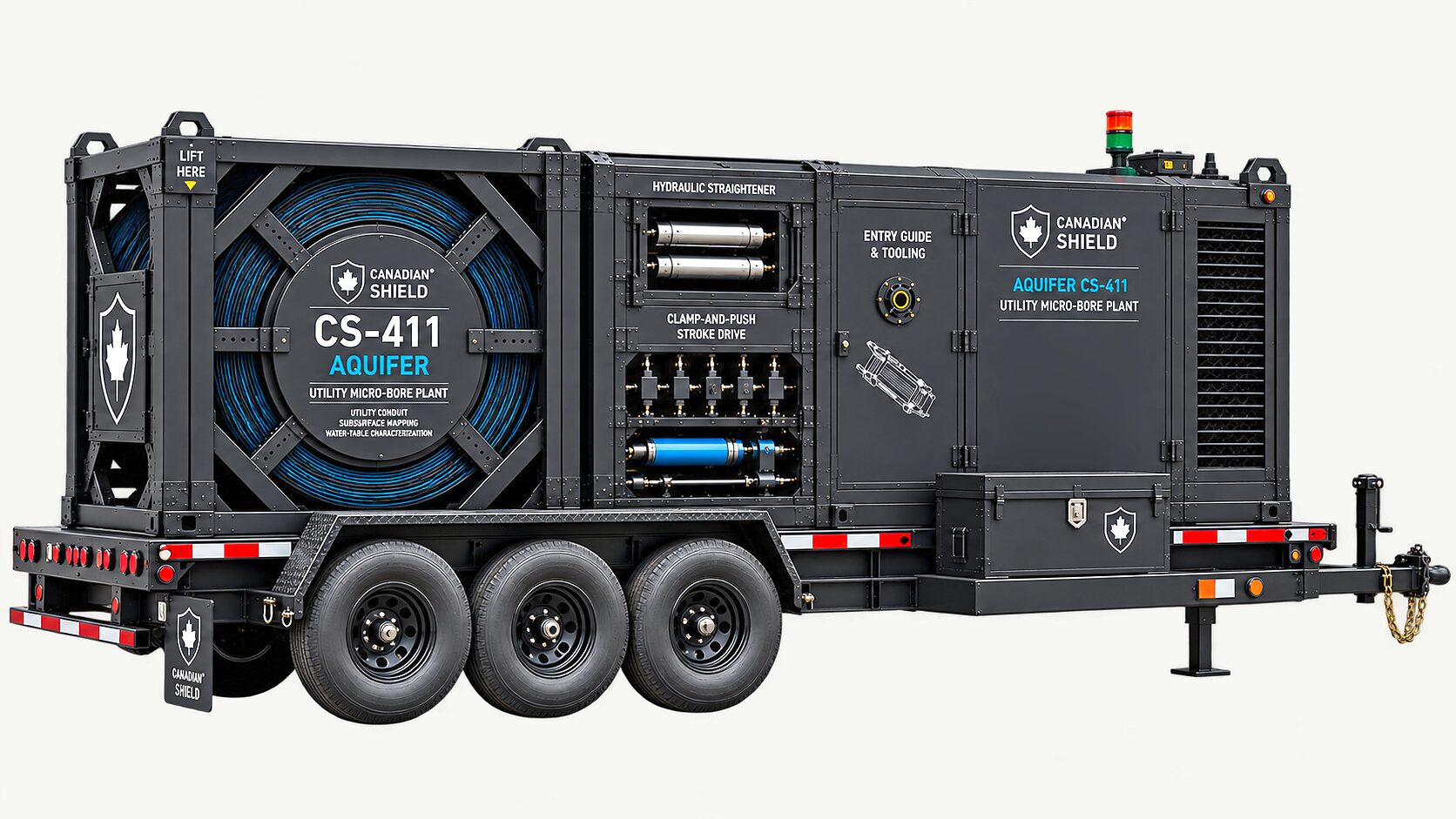 The CS-411 plant whole on a clear ground, on its tri-axle trailer: the caged coil reel, the hydraulic straightener and stroke-drive bay, the entry guide and tooling station, and the drawbar and jack.