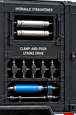The centre bay of the CS-411 plant: two hydraulic straightener cylinders behind a panel opening, a row of valve blocks below them and an accumulator on the bottom rail.