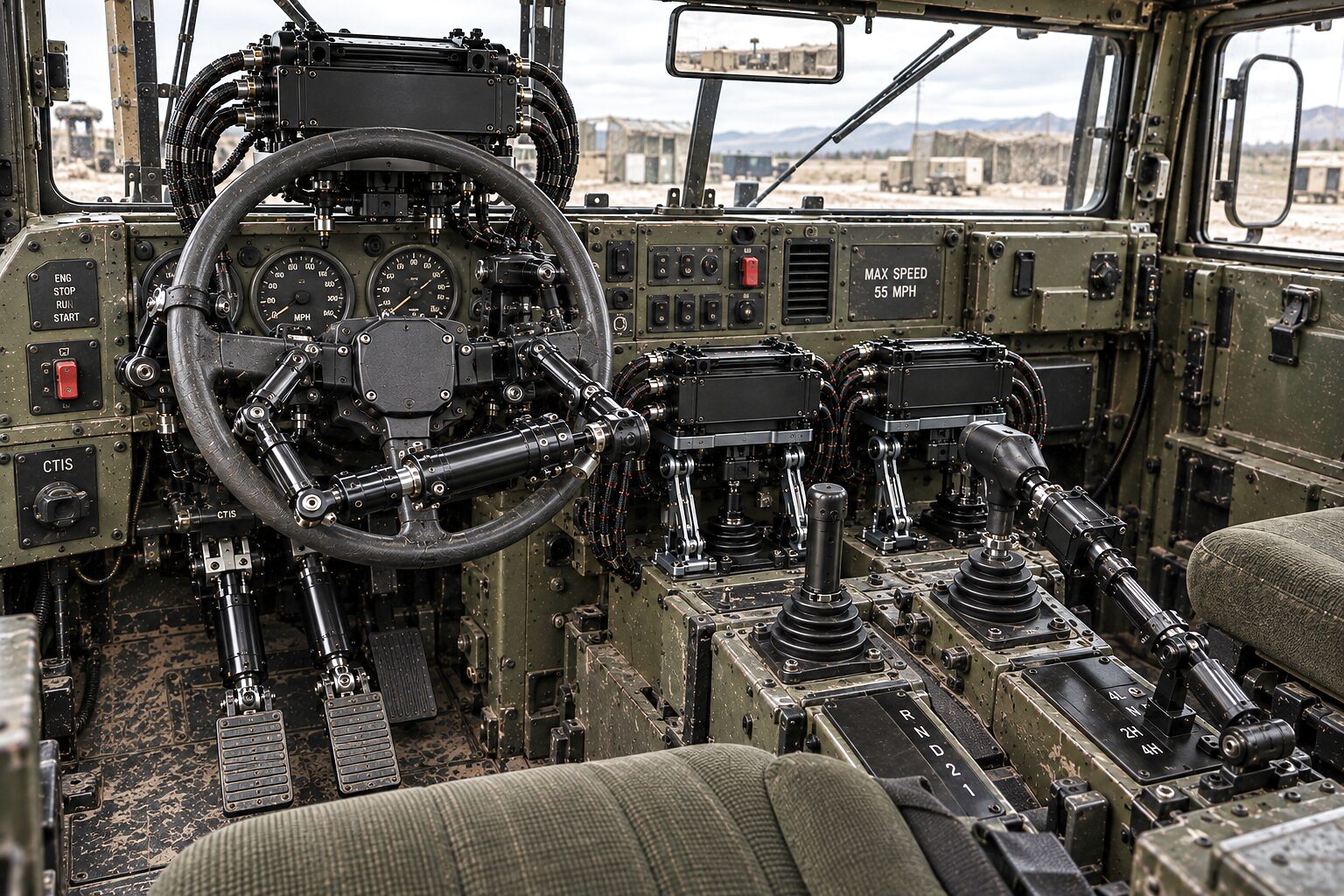The CDNS Autonomy unit in the seat of a tactical wheeled vehicle, its actuators on the steering wheel, the pedals and the gear levers, the vehicle's own dash untouched.