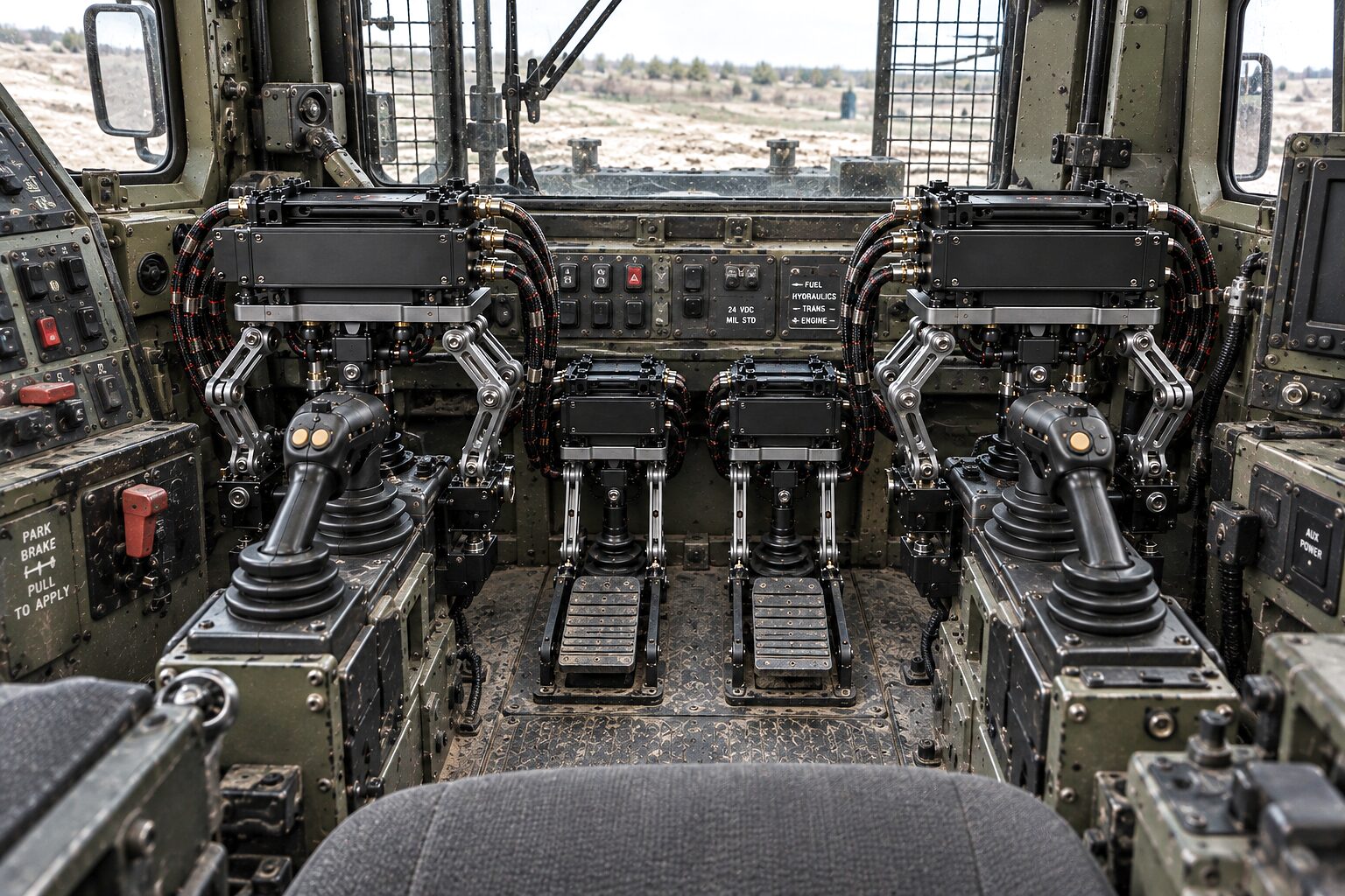 The CDNS Autonomy unit in the seat of a protected vehicle cab with mesh-screened windows, its actuators on the vehicle's own controls.