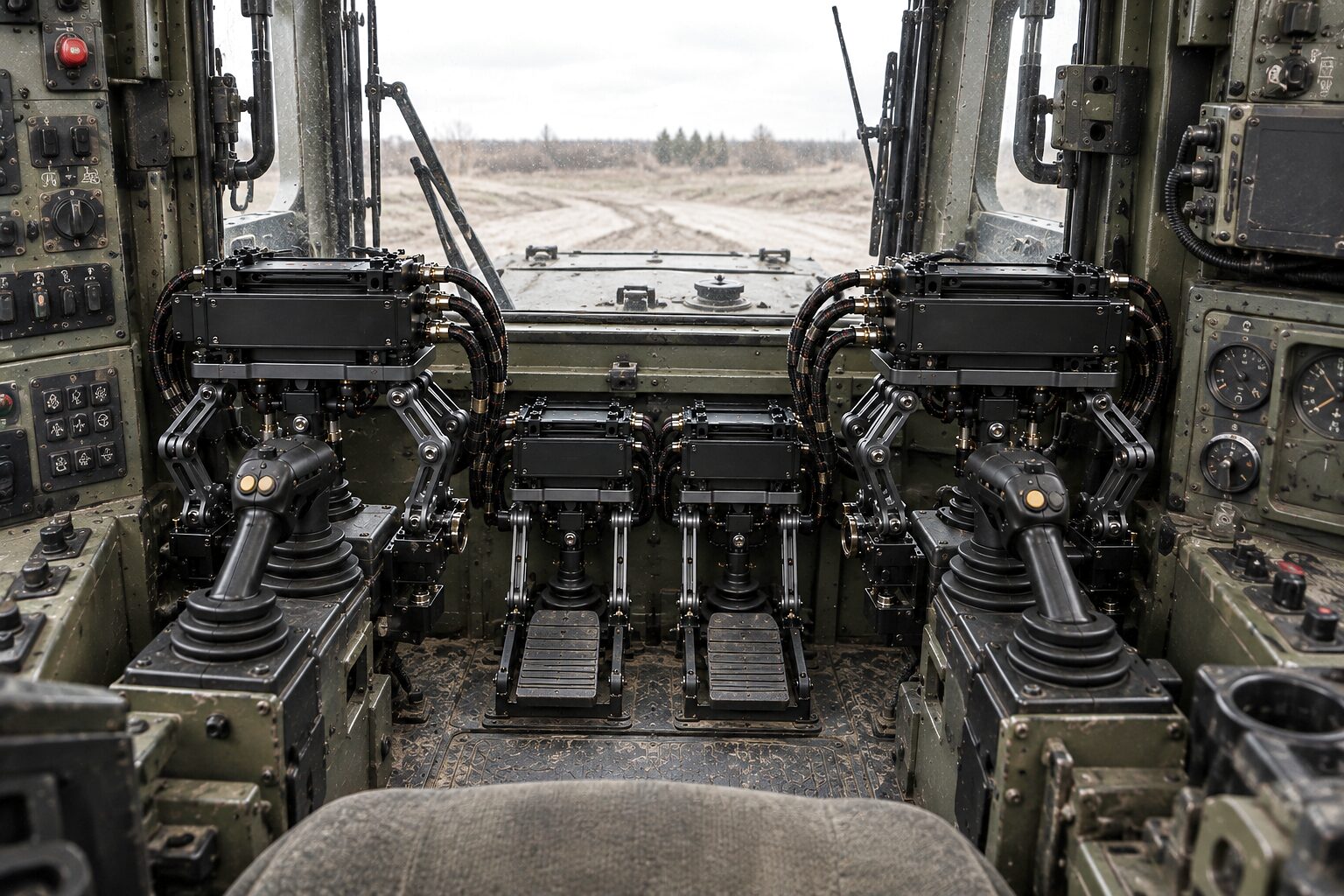 The unit in the seat of an armoured engineering vehicle, the hull ahead and rutted ground beyond, nothing wired into the vehicle.