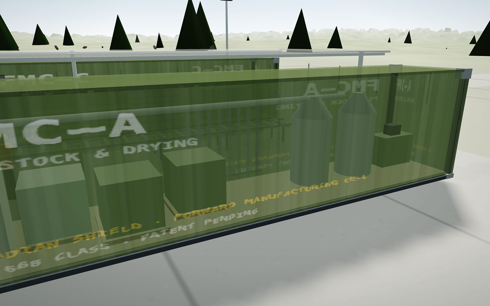 FMC-A with its walls dropped in the 3D model: the feedstock hoppers and dryers inside the feedstock and drying container.