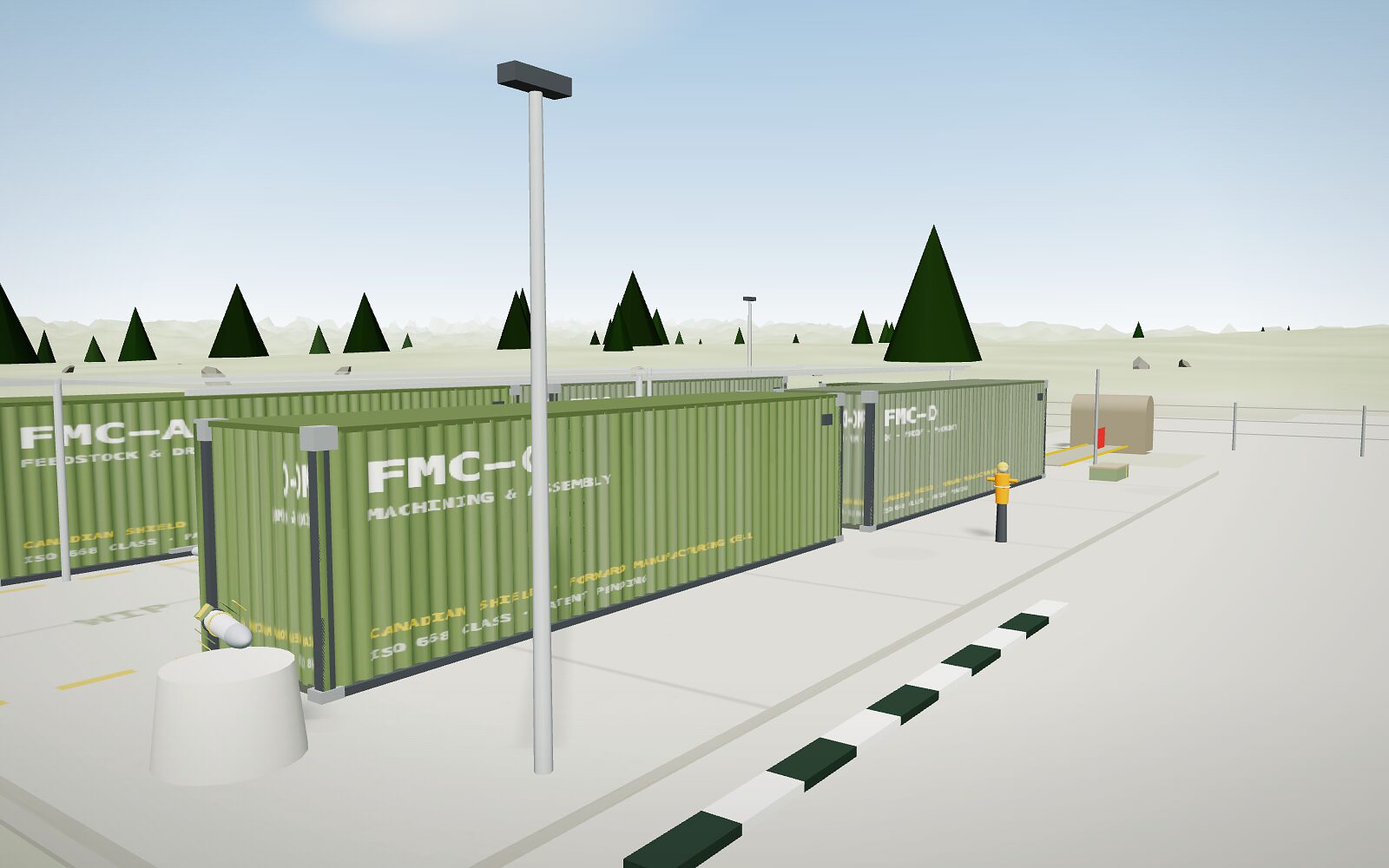 The Forward Manufacturing Cell along its access road: the row of containers FMC-A to FMC-D under the aisle canopy, the utilities box at the end, the fence and the proof berm beyond, drawn at true metres from the 3D model.
