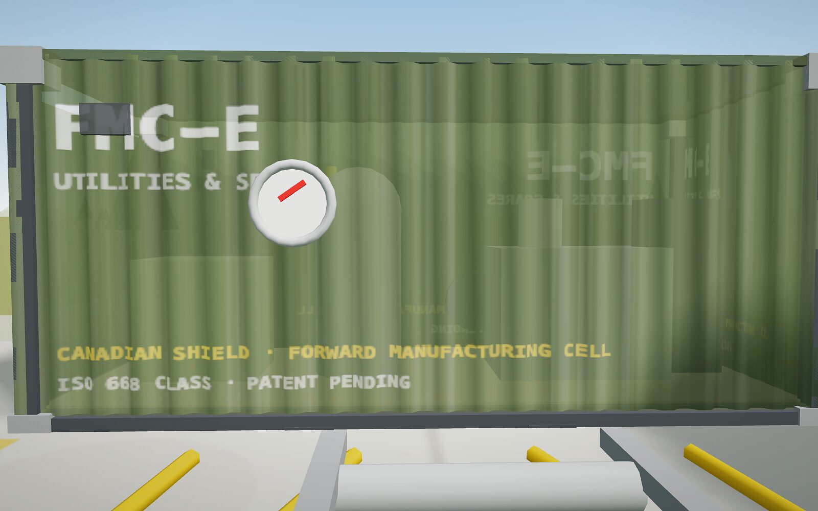 The receiver dial on the aisle-facing wall of FMC-E in the 3D model, with the cell lettering beneath it.