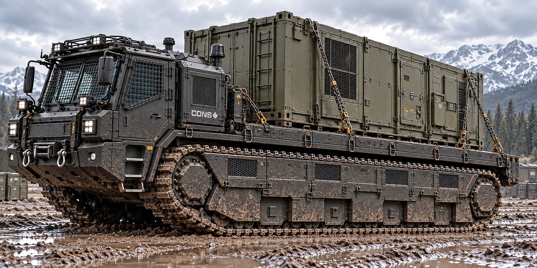 The tracked carrier in churned mud, an olive container chained down along its deck, forest and peaks behind.