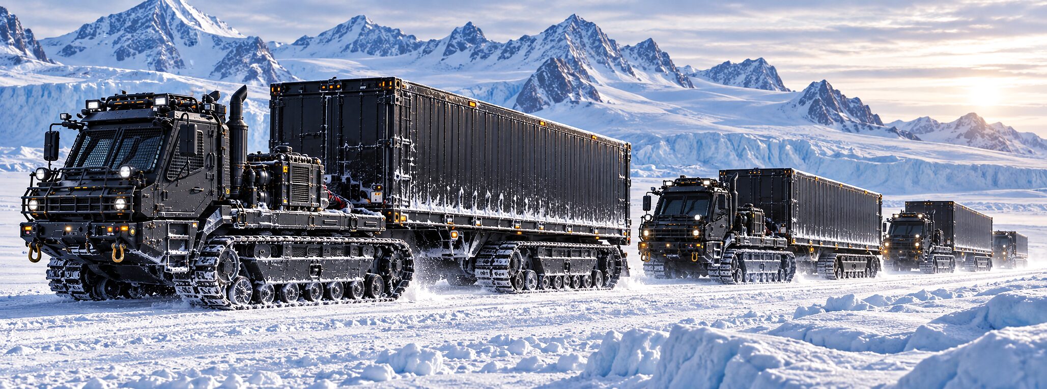 Tracked tractors drawing tracked semi-trailers across wind-packed snow and ice at low sun, a glacier front and jagged peaks behind.