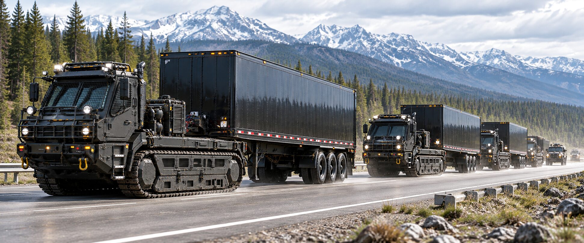 Tracked tractor units drawing van semi-trailers along a mountain highway in daylight, snow-capped peaks and conifer forest behind them.