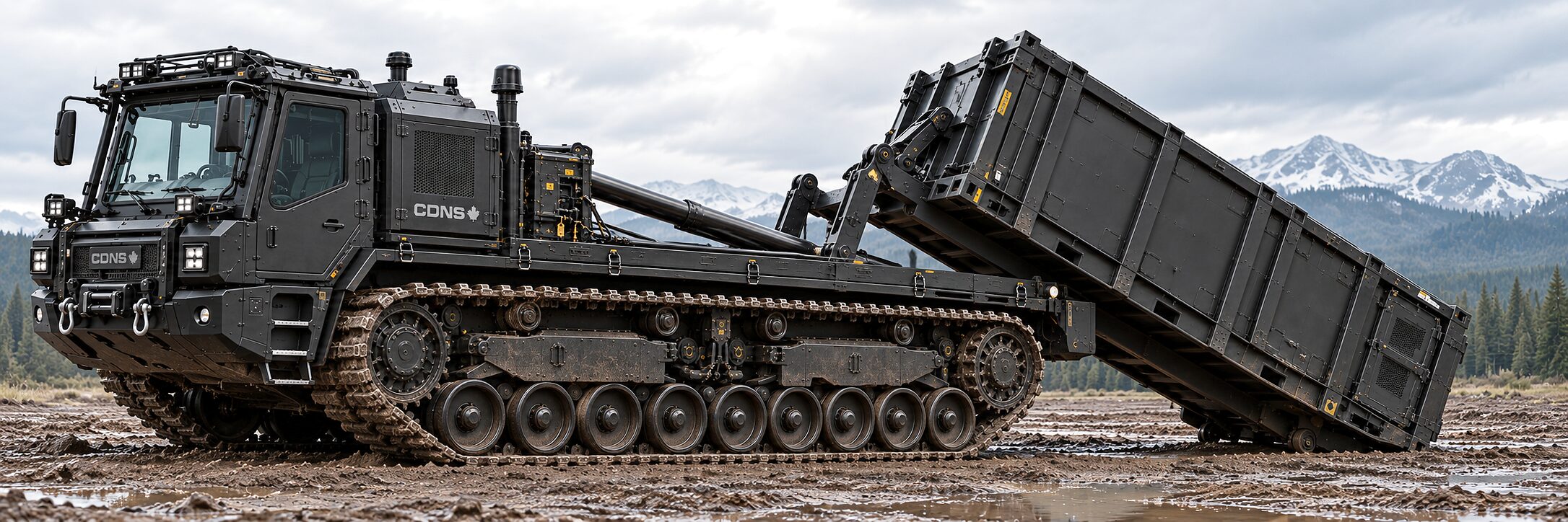 The carrier standing alone in churned mud and standing water, its deck tilted back and a container part way off the rails on the lifting arm, dark spruce and snow-covered mountains behind.