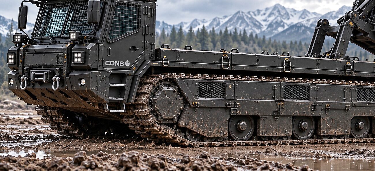 The front of the carrier standing in churned mud and water: the cab windows behind protective mesh screens, the work lights lit, a winch and two recovery shackles on the front plate, the CDNS mark on the door panel, and the hull and track running back under snow-covered mountains.
