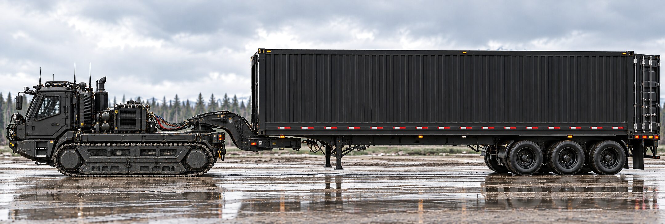 A tracked tractor coupled to a long container semi-trailer, standing on a wet gravel pad under heavy cloud with spruce behind and water lying in the ruts.