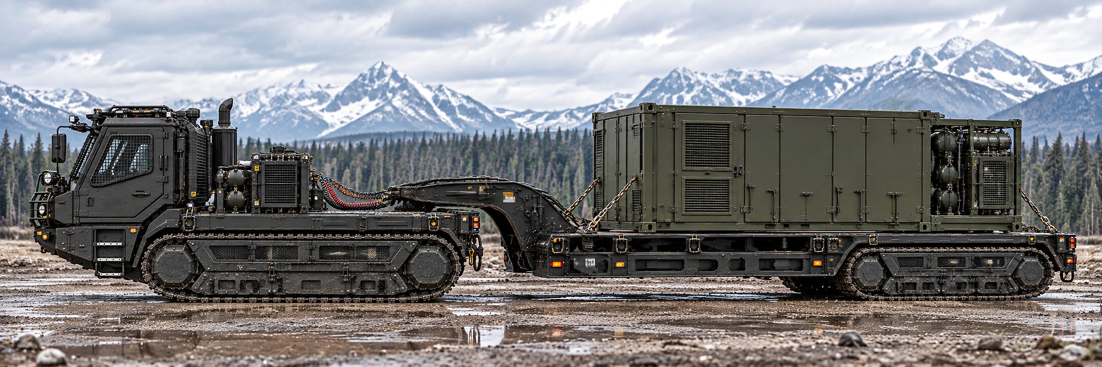 A tracked tractor coupled to a low drop-deck trailer running on its own track bogie, an olive module chained along the deck, wet ground and snow-covered peaks behind.