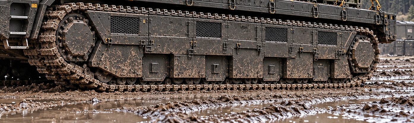 The hull between the track frames in soft ground, mesh vents and hinged panels along its length, the running gear below it in mud and standing water, and tie-down chains from a load on the deck above.