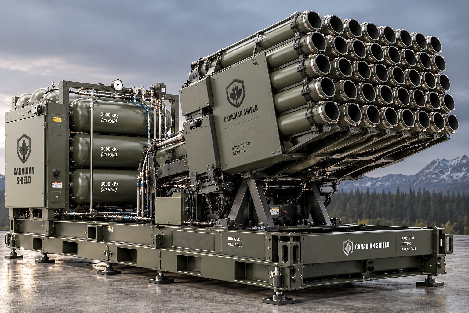 A launch platform on a wet concrete hardstand at dusk, its tube array raised, air receivers and control cabinet at the near end, forest and snow-capped mountains behind.