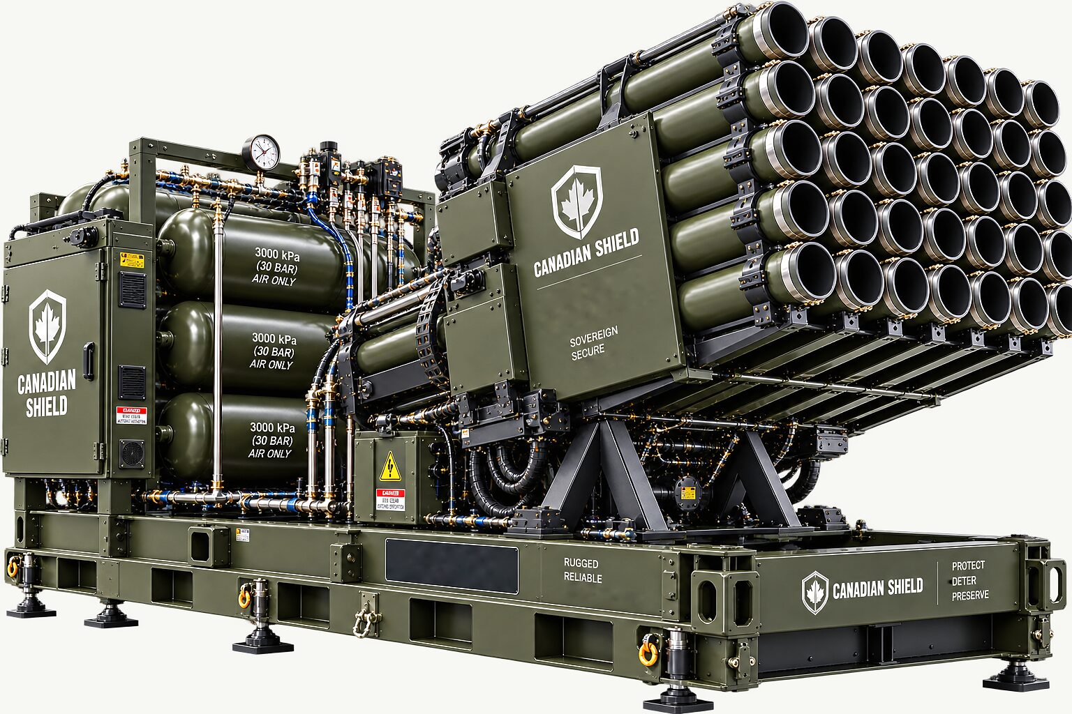 A launch platform on its skid frame, the tube array raised on a scissor cradle, air receivers and a control cabinet alongside it.