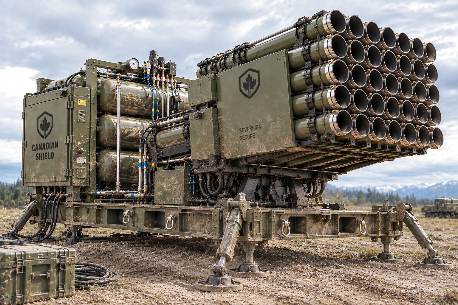 A weathered launch platform standing on its jacks on an open plain, mud on its frame and receivers and its tube array raised, with forest and mountains in the distance.