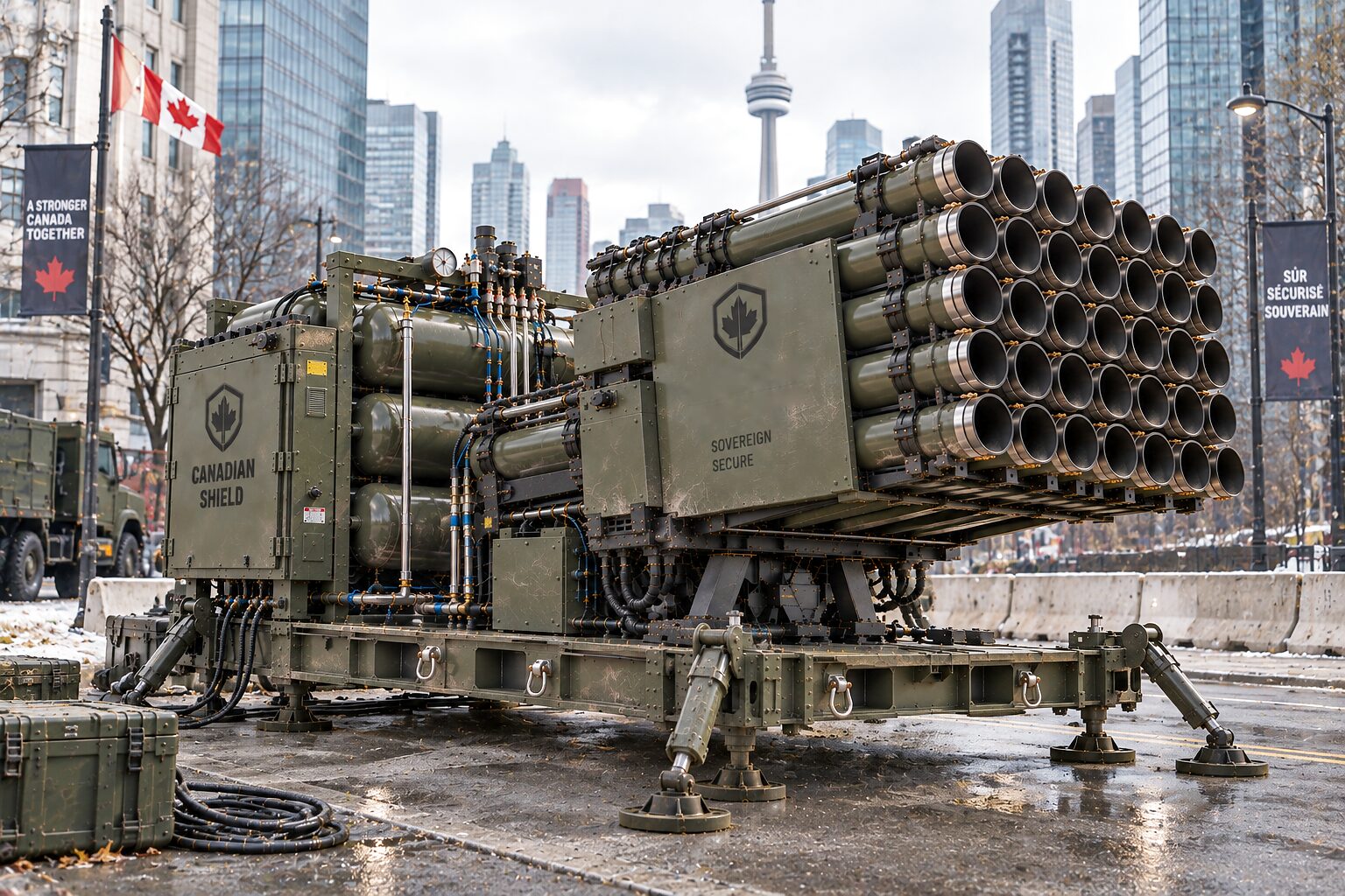 The launch platform standing on its jacks on a city street in winter behind concrete barriers, its tube array raised, with bare trees, street banners, a Canadian flag and an observation tower on the skyline.