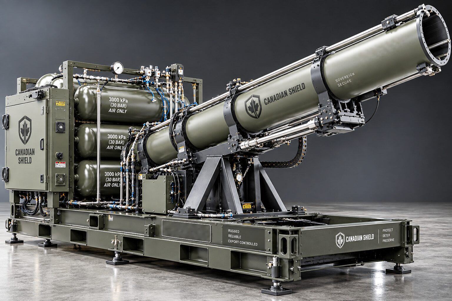 The single-tube launcher on its skid frame, the tube elevated on its cradle with its ram and cable chain, air receivers and a control cabinet behind it.
