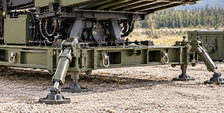Screw-jack levelling feet of a launch platform bedded on gravel, lifting eyes along the base frame, dry grass and conifer behind.