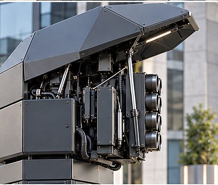 One of the pedestal mount's armoured covers raised on its strut, opening the launch pod behind it: four tubes in two rows, with the actuators, cabling and boxed equipment of the head alongside.