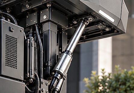 The cover strut and actuator on the pedestal mount's head: a polished ram between the head frame and the raised armour, with flexible conduit and a louvred equipment box beside it.