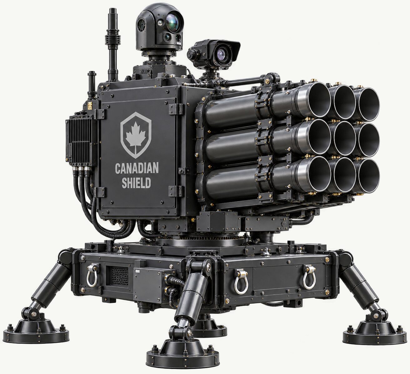 The pedestal mount on a plain ground: an armoured cabinet base on four outrigger feet carrying a rotating head with a sensor ball and two six-tube launch pods.