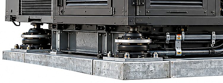 The roof mount's base frame: anti-vibration isolator mounts on bolted pads, with conduit and pipework running between them along the frame.