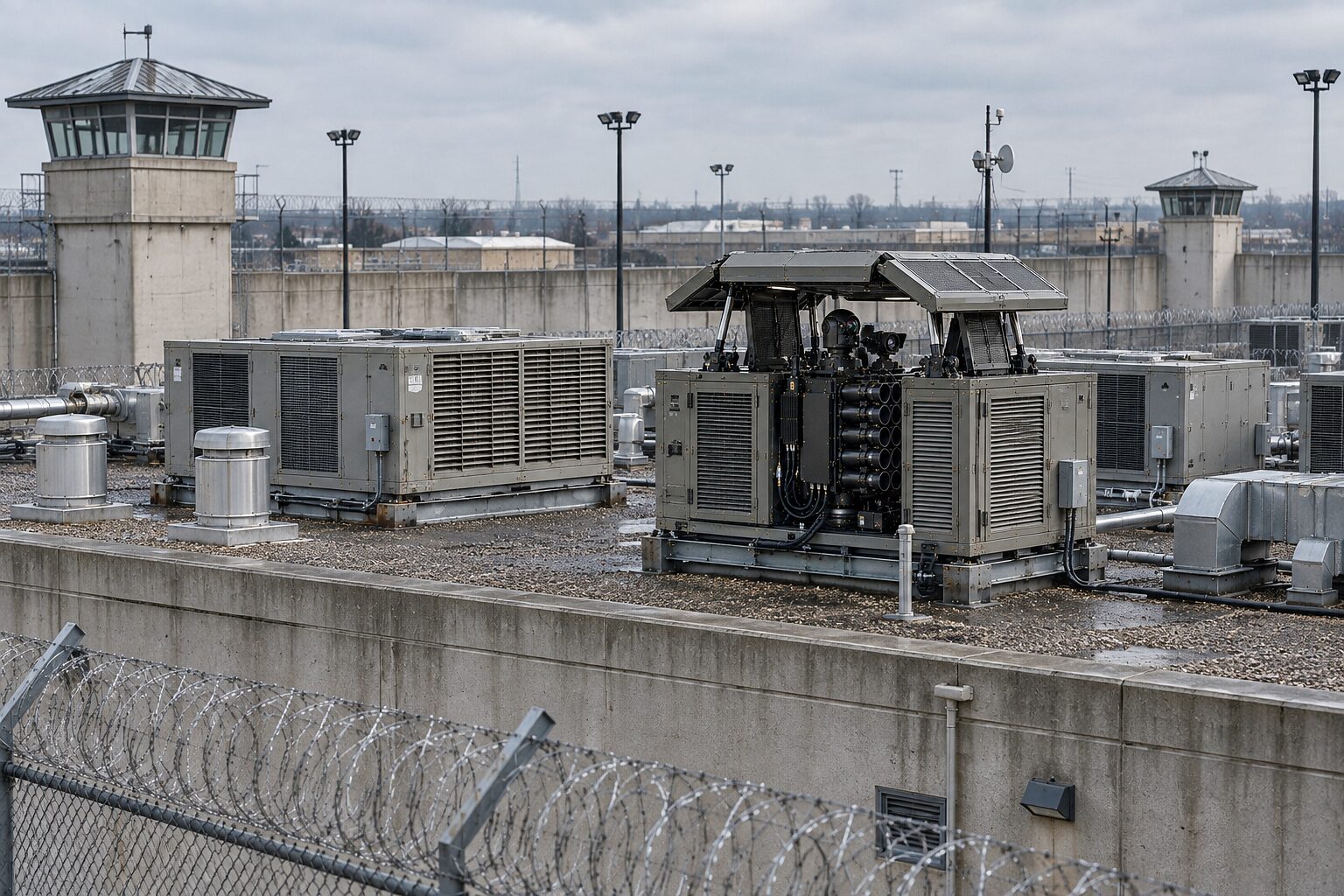 A roof mount deployed among rooftop plant at a secure site: the enclosure's panels raised and the head open, with grey packaged units, ducting and pipework around it, and perimeter walls, razor wire and watch towers beyond.