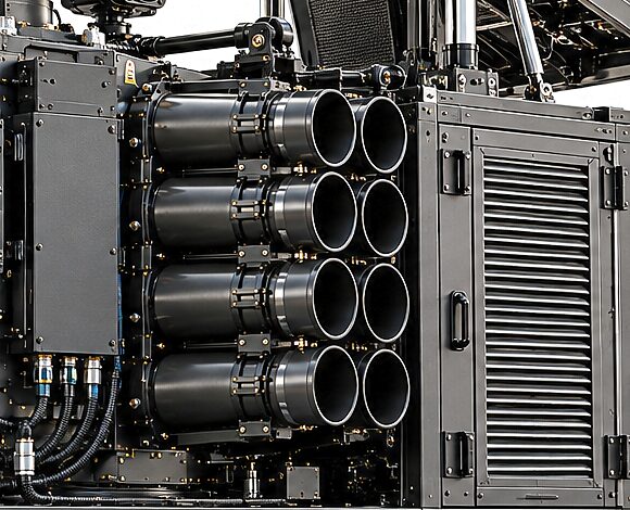 The roof mount's launch tubes, banked in four rows inside the enclosure, their muzzles open behind the opened panel, with clamps, fittings and hoses along the bank.
