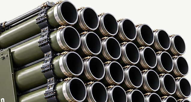 The muzzle face of a launch platform's tube array, the tubes open and empty, nothing mounted above them.