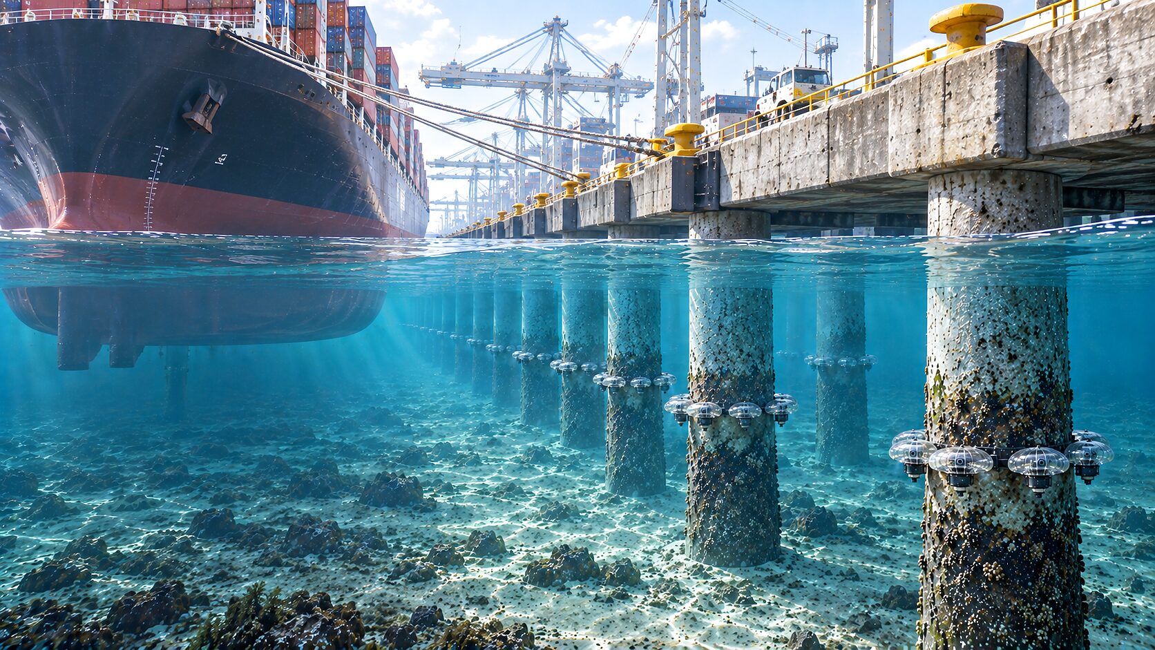 A quay seen from the waterline: a moored hull and its mooring lines above, and below the surface the piled columns running away under the deck with CS-320s working along them.