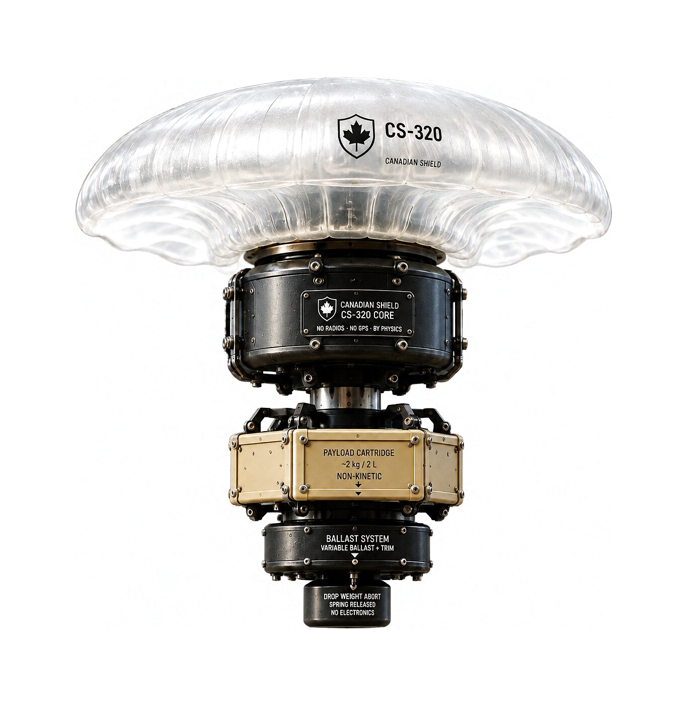 The CS-320 on a clear white ground: a wide ribbed translucent bell above a dark cylindrical core, a pale payload cartridge held in cradle arms below it, then the ballast module and the drop weight at the foot.