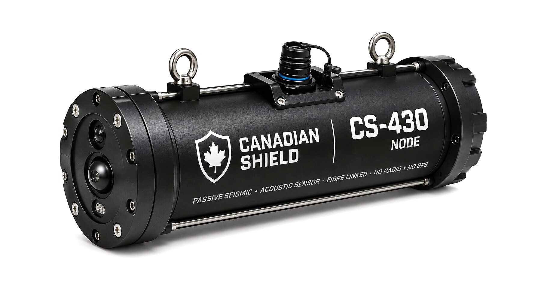 The CS-430 node: a sealed black cylinder with clamped end rings, two lifting eyes and a side rail along the top, a capped connector with a short lead, and a face of recessed sensor ports at the near end.
