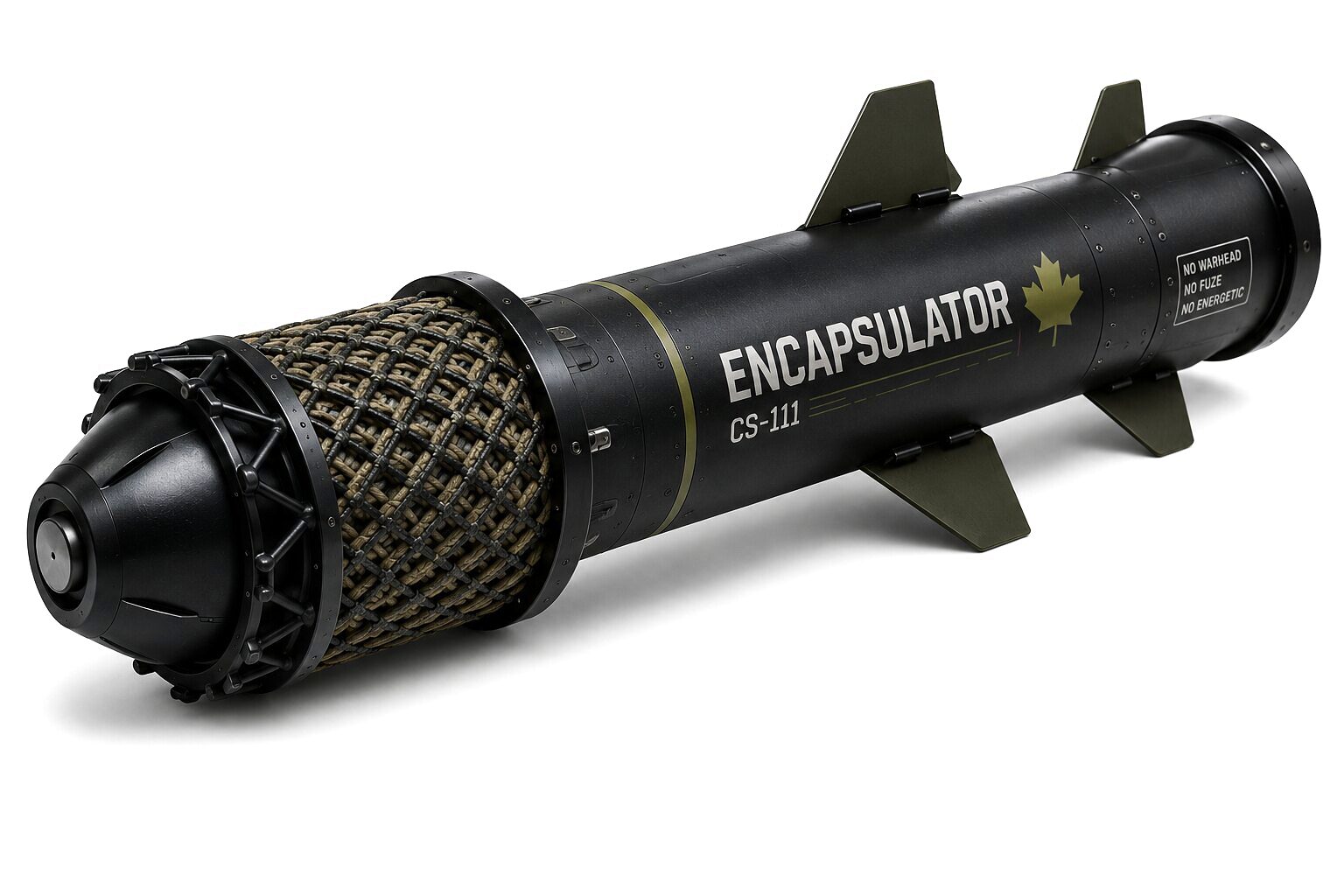The Encapsulator CS-111 round: the capture nose forward of the moulded body, the net stowed behind the nose ring and the fin set at the tail.