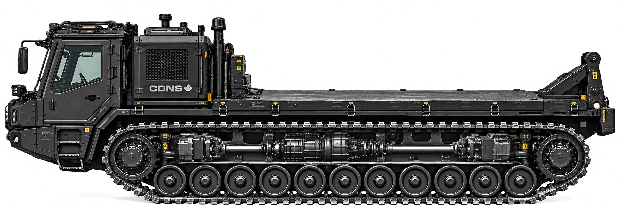 The carrier in side elevation with the chassis open to view: the electric driveline and its shafting running the length of the machine, the road-wheel train and track below, and the flat deck above.